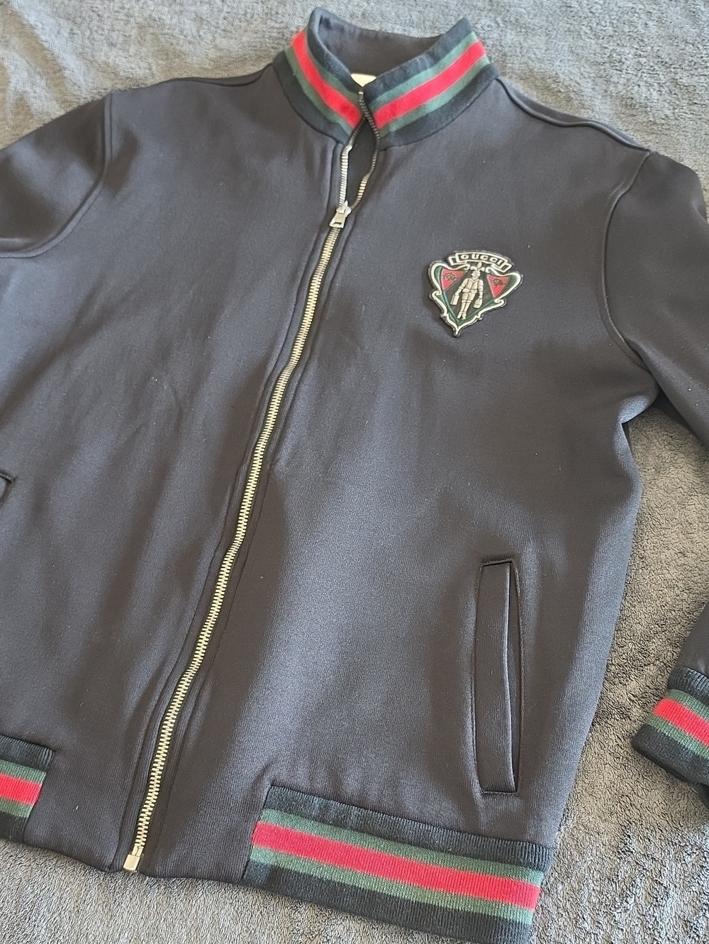 Black Gucci Zip Front Bomber Jacket with Red & Green Trim